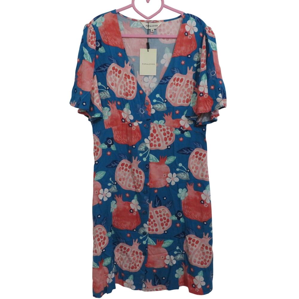 Pepaloves Women Sz M Pomegranate Floral Print V Neck Button Front Dress